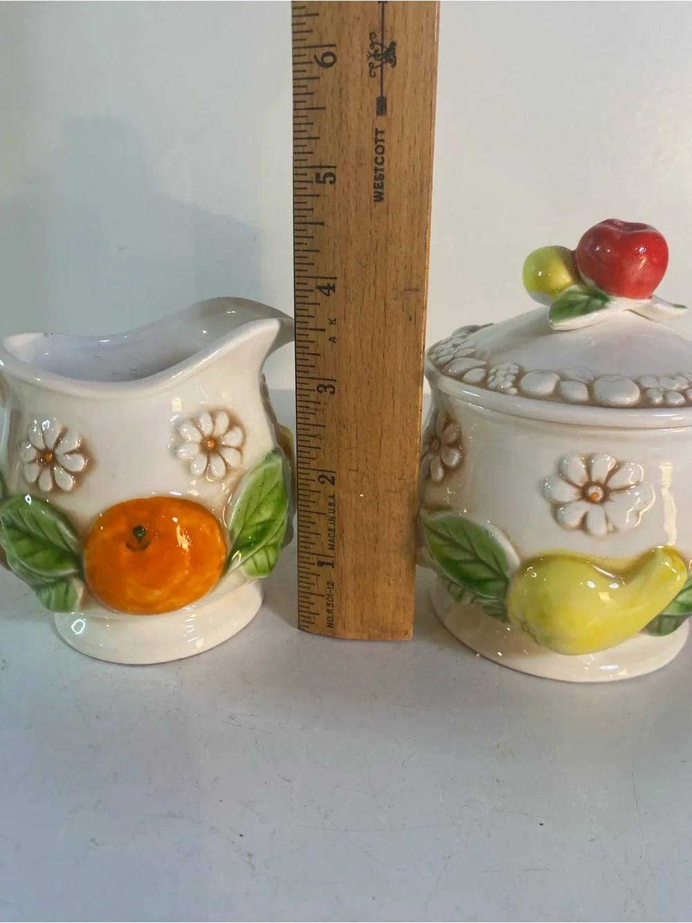 Vintage Fred Roberts Ceramic Fruit & Daisy Creamer Pitcher & Covered Sugar Bowl